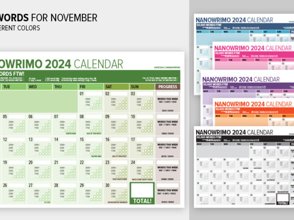 Word Counting Calendar for National Novel Writing Month